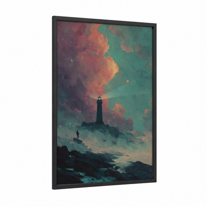 Beacon Cosmos framed sci-fi print — black wood frame — teal and gold palette