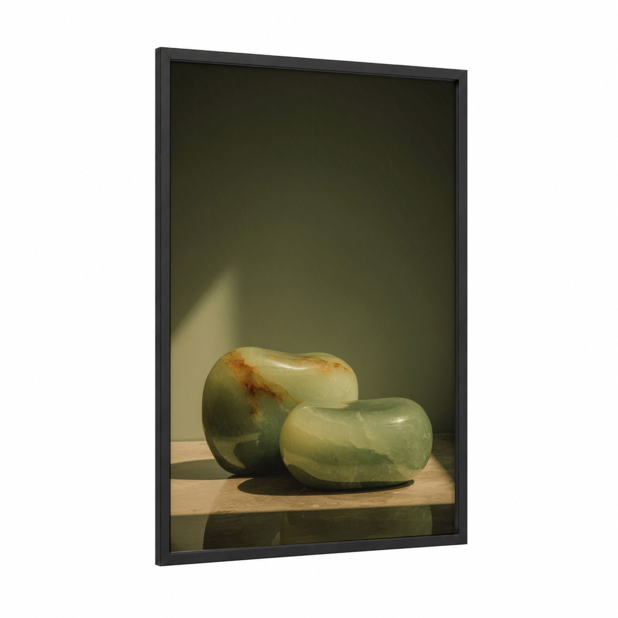 Jade Stone Pair framed natural stones print — black wood frame — cream and sage green palette