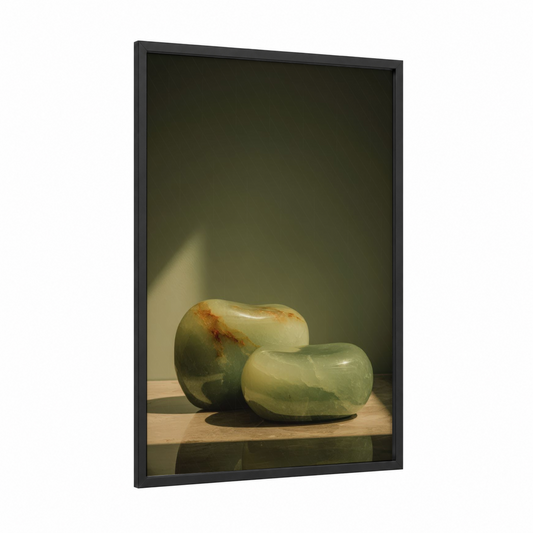 Jade Stone Pair framed natural stones print — black wood frame — cream and sage green palette