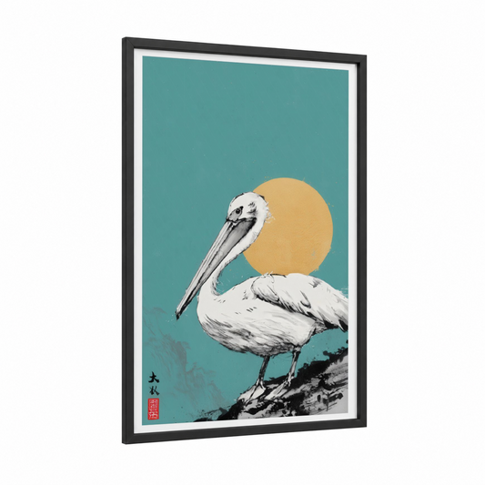 Golden Sunset Pelican framed art print — black wood frame — turquoise and gold palette