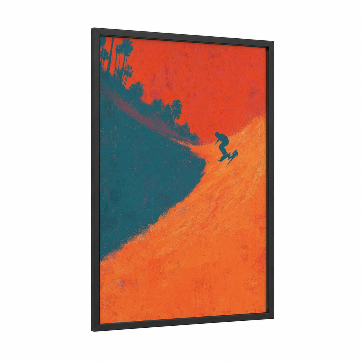 Sunset Skateboarder framed skateboarding print — black wood frame — orange and teal palette
