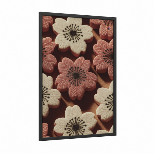 Embroidered Flower Cookies framed sweet print — black wood frame — cream and salmon pink palette