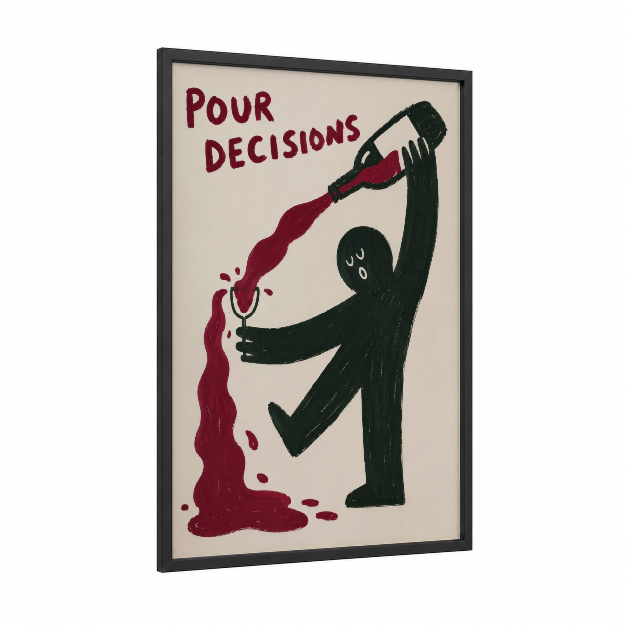 Pour Decisions Wine Bottle Wall Art framed abstract minimalist print — black wood frame — maroon and black and white palette