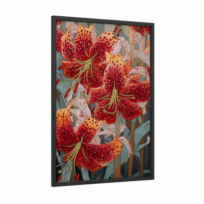 Crimson Amarillys framed art print — black wood frame — red and gold palette