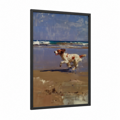 Beach Spaniel framed art print — black wood frame — blue and gold palette