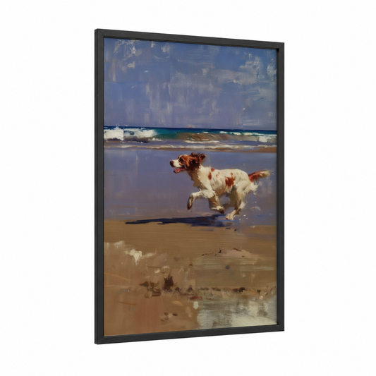 Beach Spaniel framed art print — black wood frame — blue and gold palette