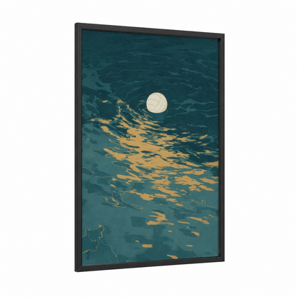 Golden Water Polo framed art print — black wood frame — teal and gold palette