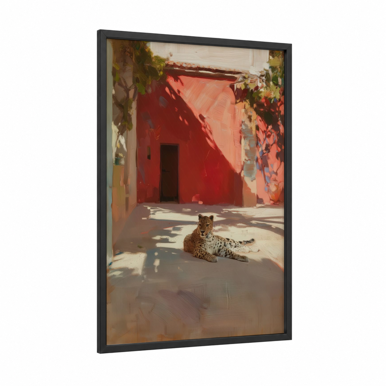 Courtyard Leopard framed art print — black wood frame — red and gold palette