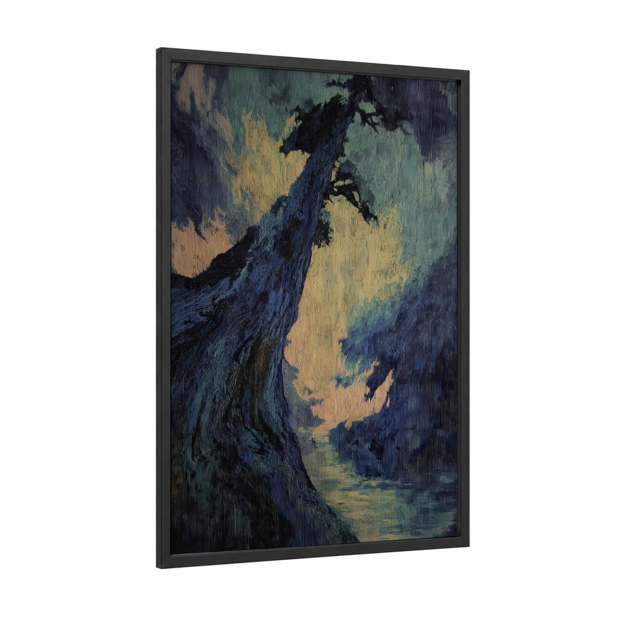 Mystical Kauri Tree framed art print — black wood frame — dark blue and gold palette