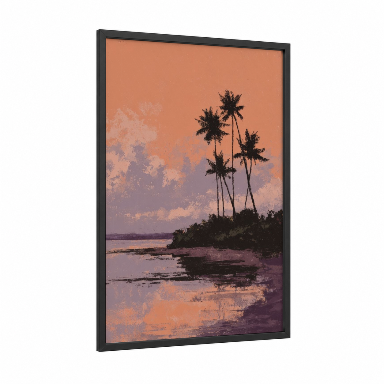 Tropical Sunset Paradise framed beach sunrise and sunsets print — black wood frame — peach and lavender palette