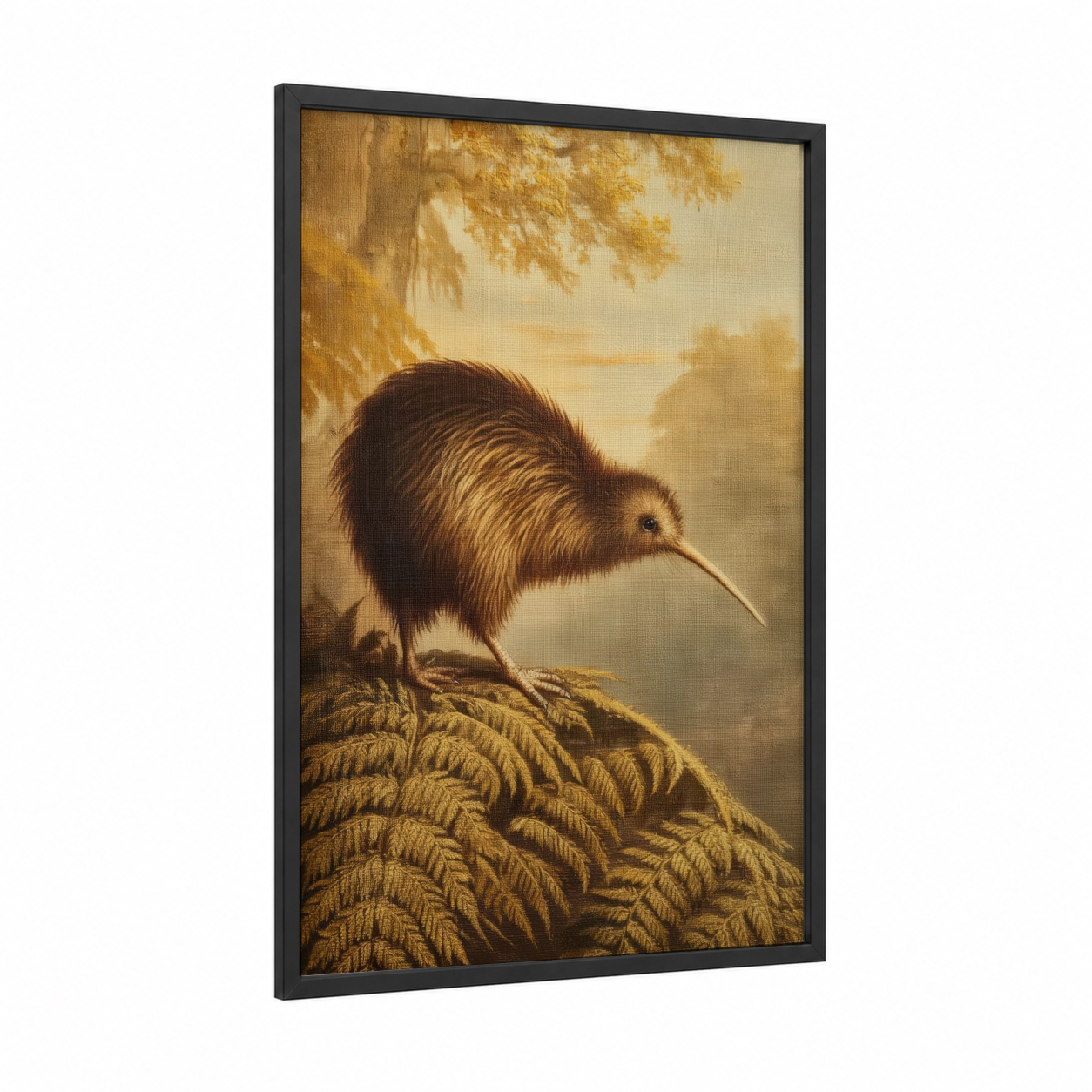 Golden Kiwi framed art print — black wood frame — gold and brown palette