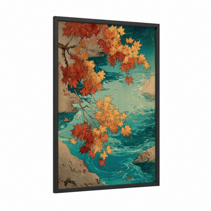 Autumn Maple River framed maple forest print — black wood frame — red and teal palette