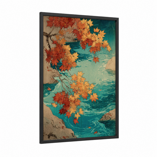 Autumn Maple River framed maple forest print — black wood frame — red and teal palette