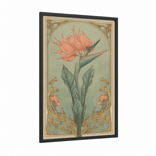 Coral Bird Paradise framed birds of paradise print — black wood frame — sage green and peach palette
