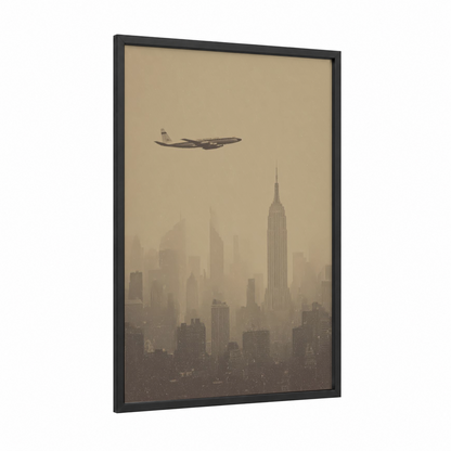 Vintage Manhattan Flight framed commercial plane print — black wood frame — champagne gold and dove gray palette