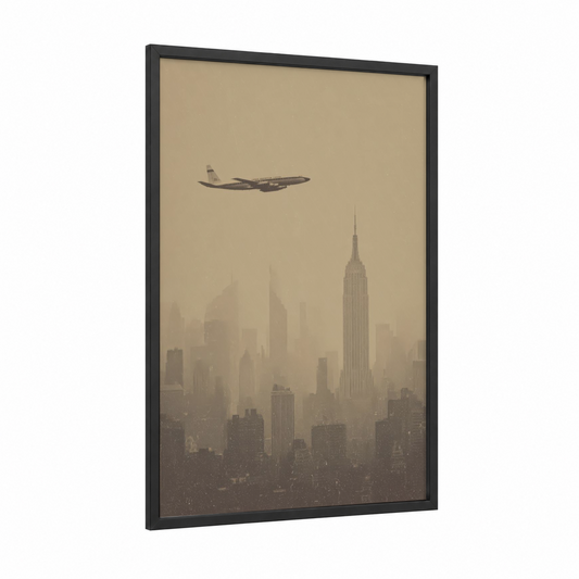 Vintage Manhattan Flight framed commercial plane print — black wood frame — champagne gold and dove gray palette