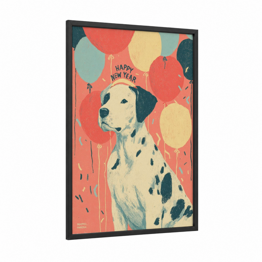 Festive Dalmatian framed new years eve print — black wood frame — red and cream palette