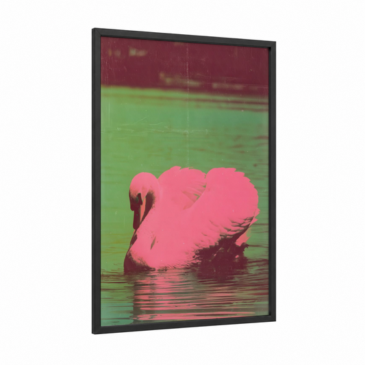 Pink Swan Reflection framed art print — black wood frame — magenta and light green palette