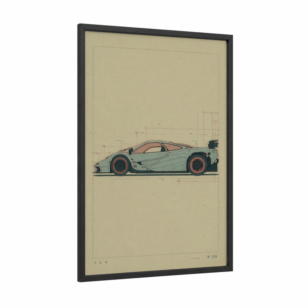 Mint Racer Blueprint framed sports car print — black wood frame — light green and salmon pink palette