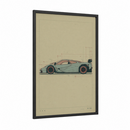 Mint Racer Blueprint framed sports car print — black wood frame — light green and salmon pink palette