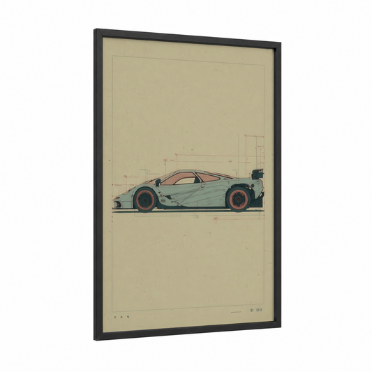 Mint Racer Blueprint framed sports car print — black wood frame — light green and salmon pink palette