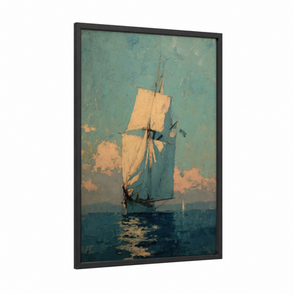 Golden Sail Sunrise framed sailing ship print — black wood frame — gold and teal palette