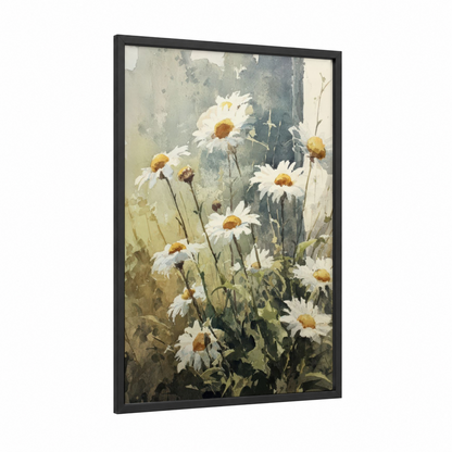 Cottage Daisies framed daisy print — black wood frame — white and gray palette