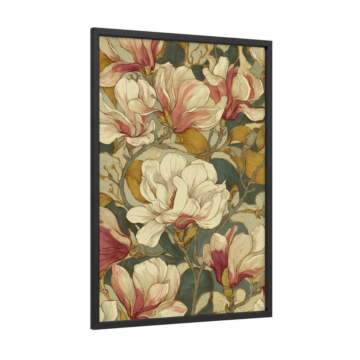Cream Magnolia Bloom framed art print — black wood frame — cream and rose gold palette