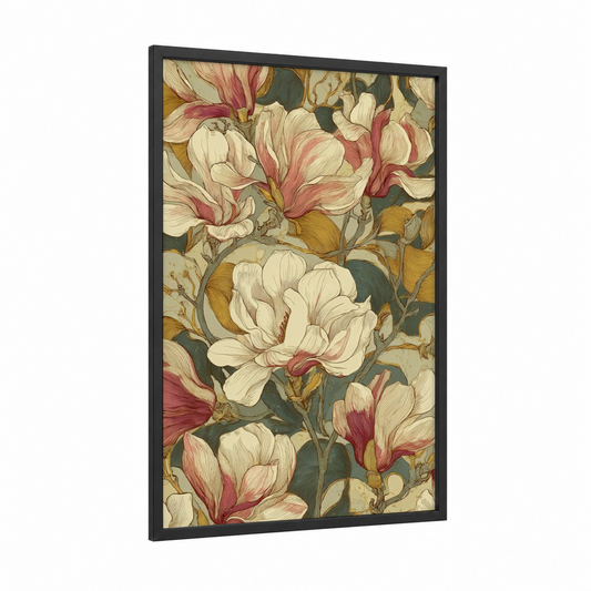 Cream Magnolia Bloom framed art print — black wood frame — cream and rose gold palette