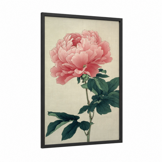 Romantic Peony Bloom framed art print — black wood frame — pink and dark green palette