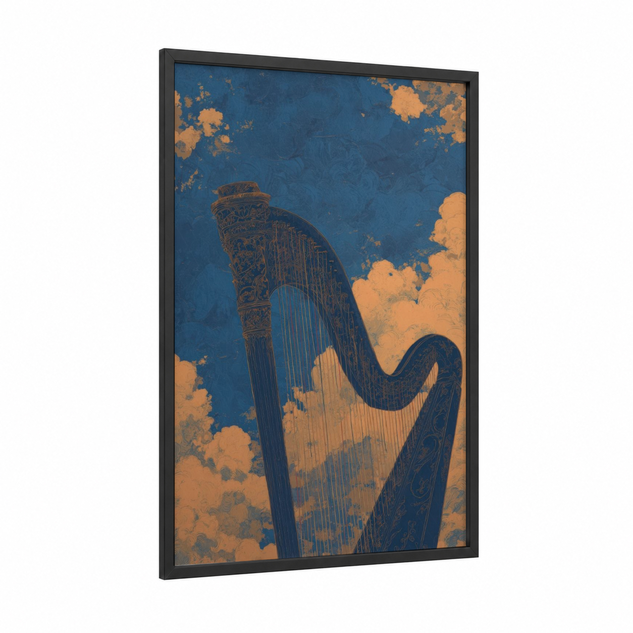 Celestial Harp framed art print — black wood frame — blue and gold palette