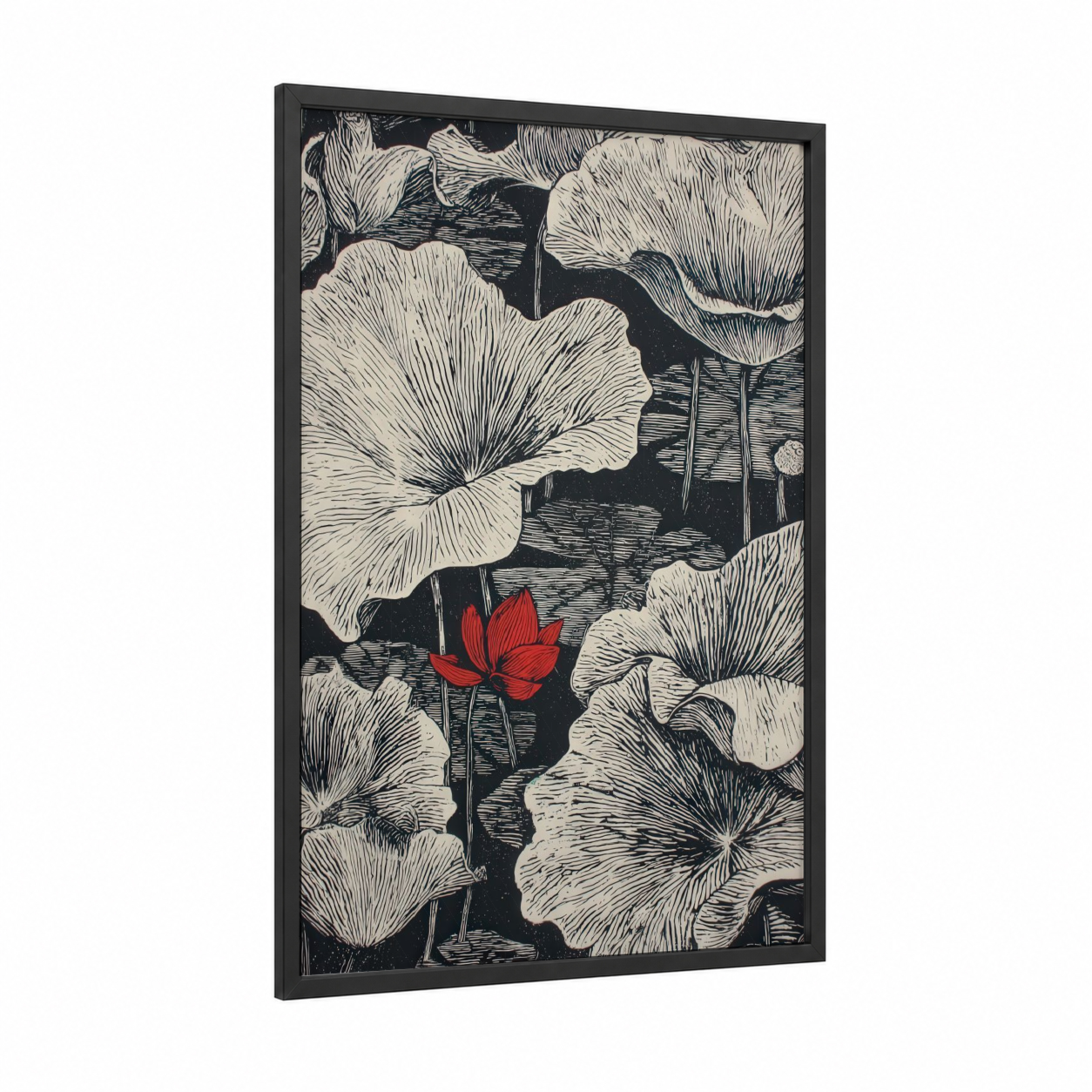 Crimson Lotus Woodblock framed art print — black wood frame — black and white and red palette