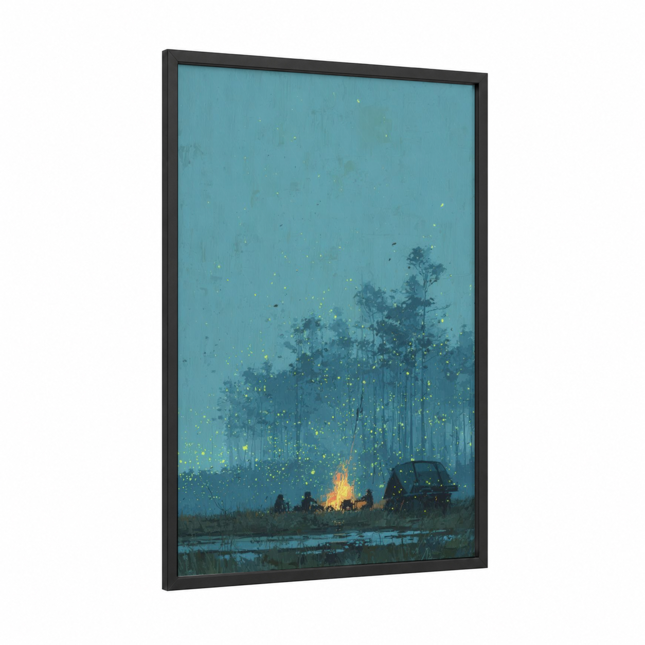 Firefly Gathering framed fireflies print — black wood frame — blue and yellow and teal palette