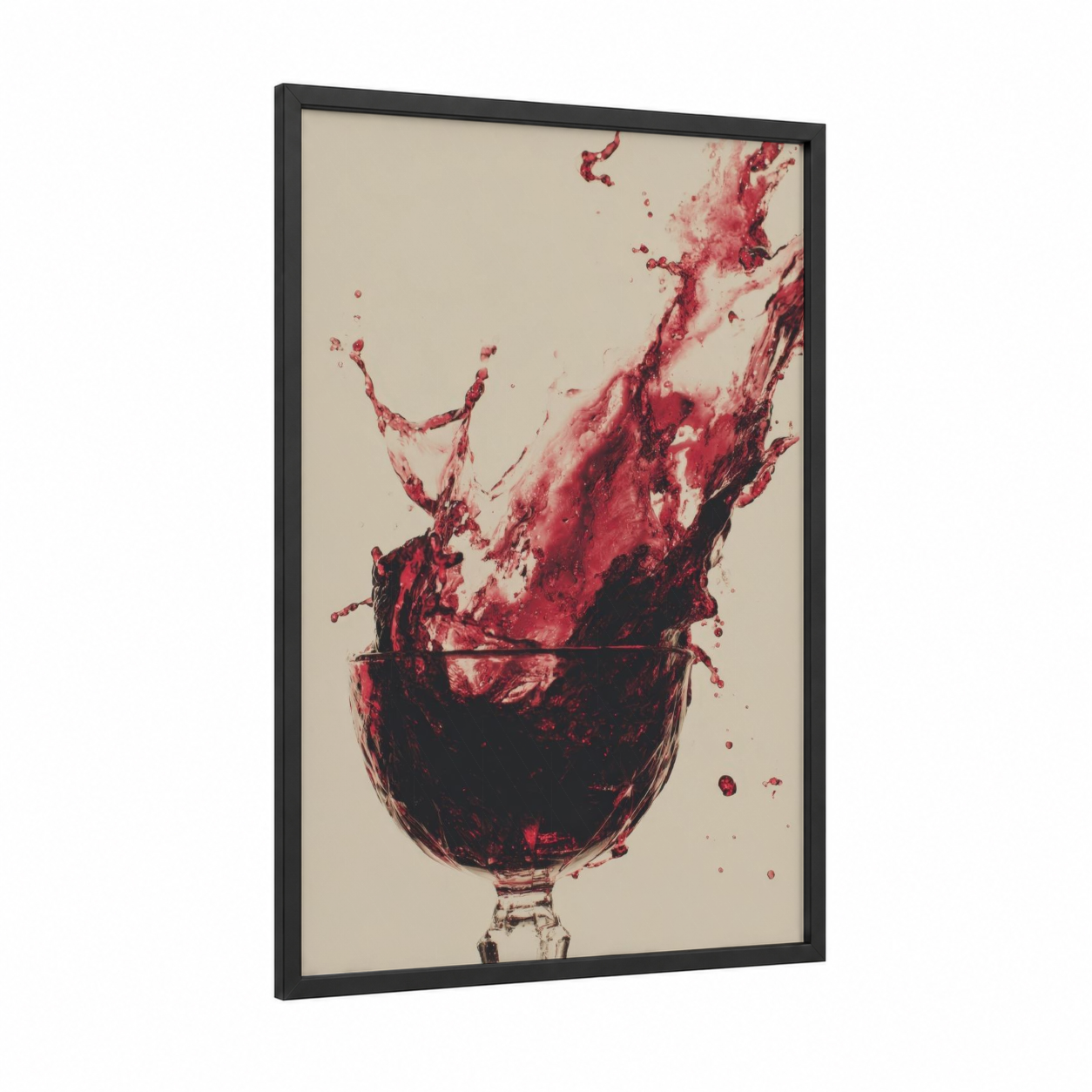 Red Wine Splash framed art print — black wood frame — maroon and beige palette