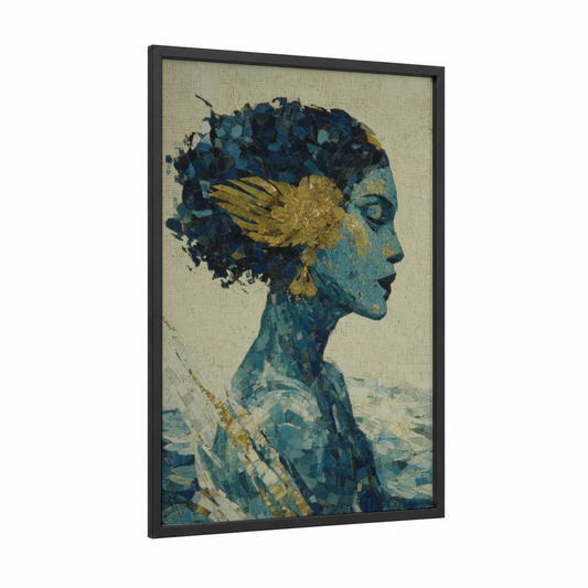 Golden Mermaid framed art print — black wood frame — blue and gold palette