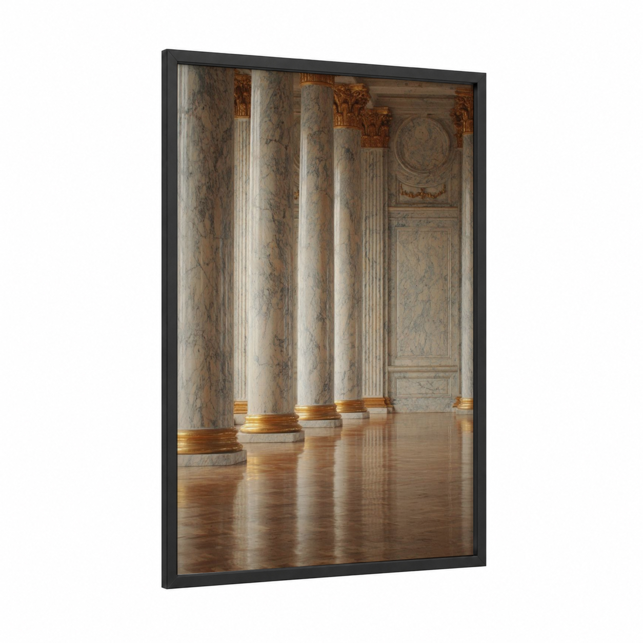 Classical Colonnade framed columns print — black wood frame — champagne gold and cream palette