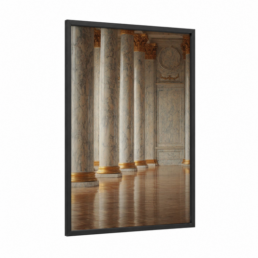 Classical Colonnade framed columns print — black wood frame — champagne gold and cream palette