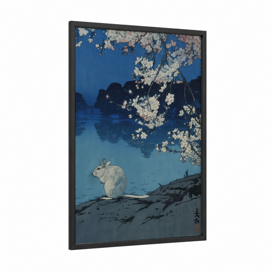 Moonlit Gerbil framed art print — black wood frame — blue and white palette