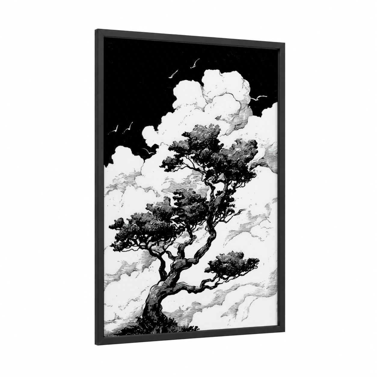 Windswept Kauri framed kauri tree print — black wood frame — black and white palette