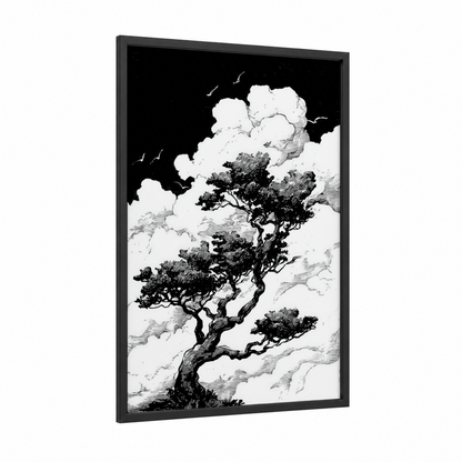 Windswept Kauri framed kauri tree print — black wood frame — black and white palette