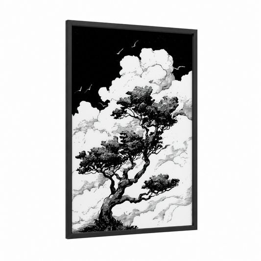 Windswept Kauri framed kauri tree print — black wood frame — black and white palette