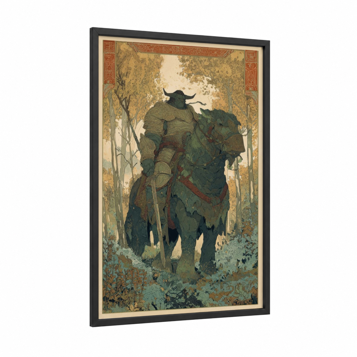Forest Orc Warrior framed art print — black wood frame — gold and green palette