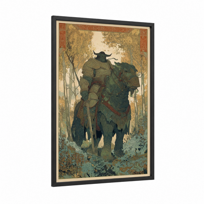 Forest Orc Warrior framed art print — black wood frame — gold and green palette