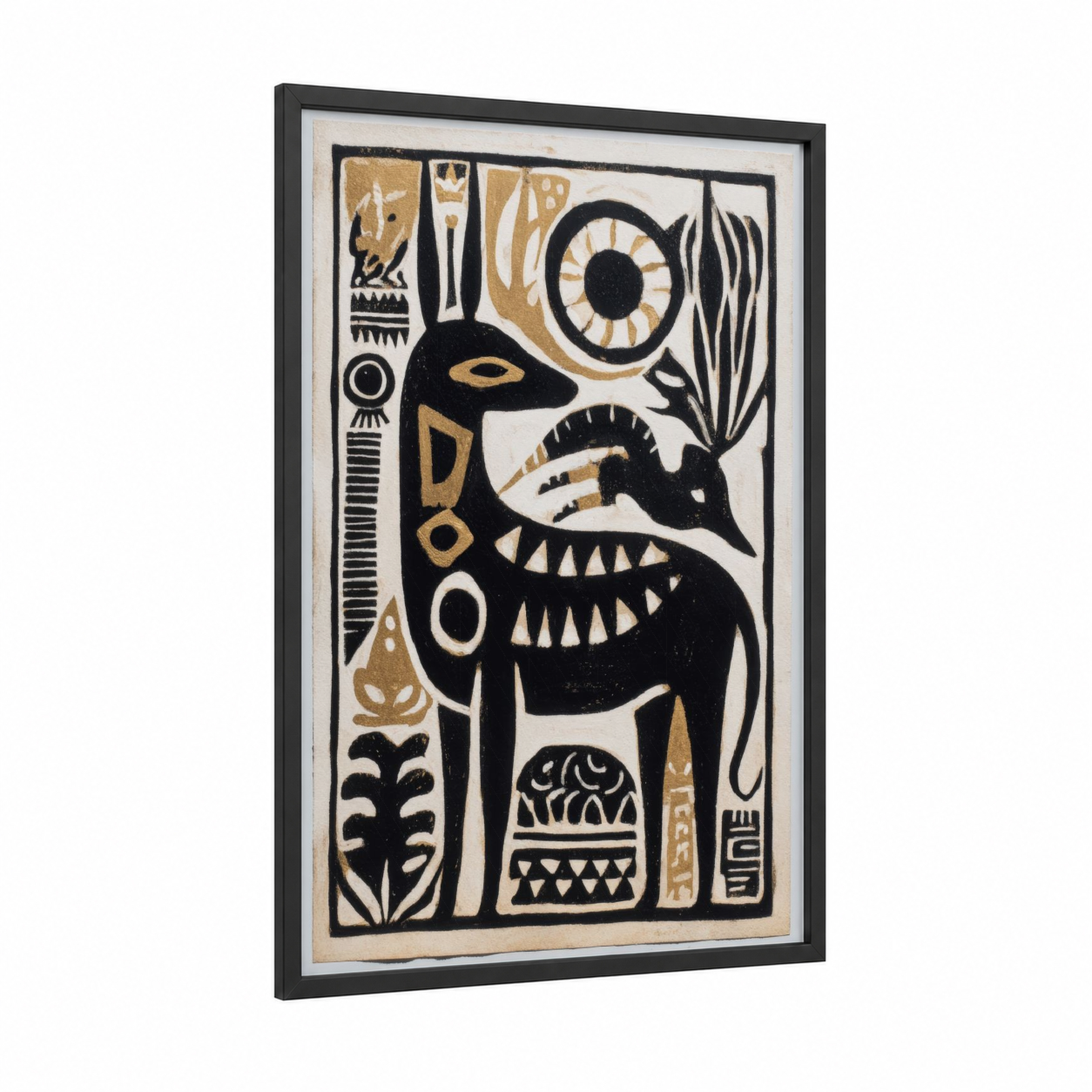Sacred Beast Composition framed abstract traditional print — black wood frame — black and gold and cream palette