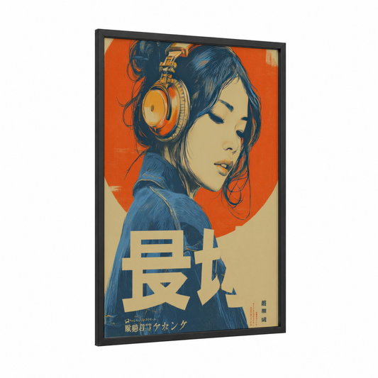 Retro Music Girl framed vintage japanese ads print — black wood frame — orange and blue and gold palette