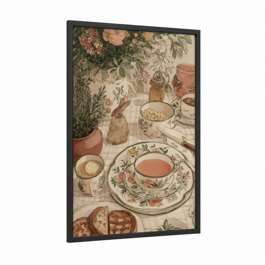 Garden Breakfast Table framed art print — black wood frame — peach and cream palette