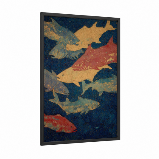 Golden Tuna School framed art print — black wood frame — gold and dark blue palette