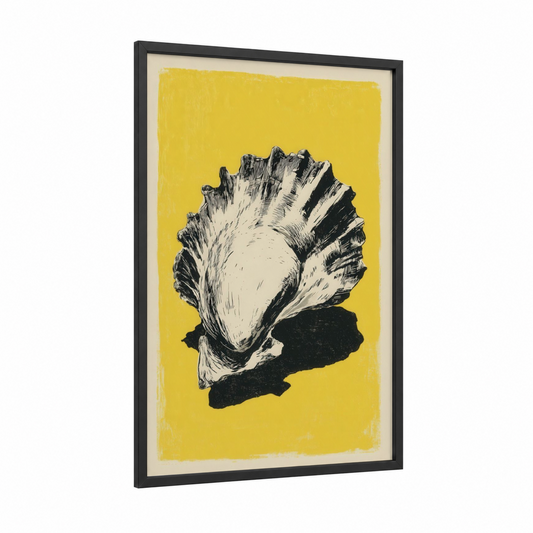 Golden Oyster framed art print — black wood frame — yellow gold and black and white palette