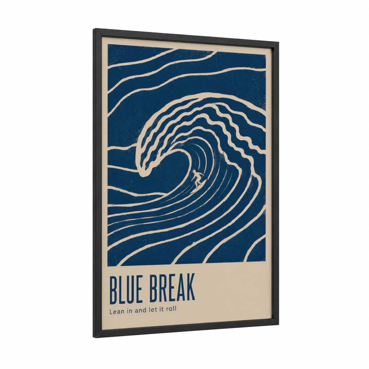 Minimalist Wave Surfing Wall Art framed seascapes and ocean print — black wood frame — blue and cream palette