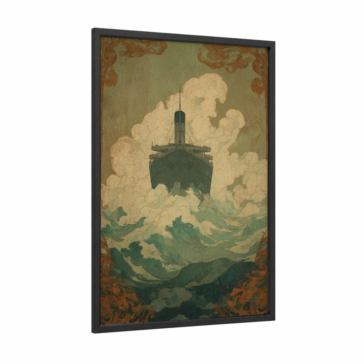 Stormy Seas Vessel framed cruise ship print — black wood frame — sage green and cream palette